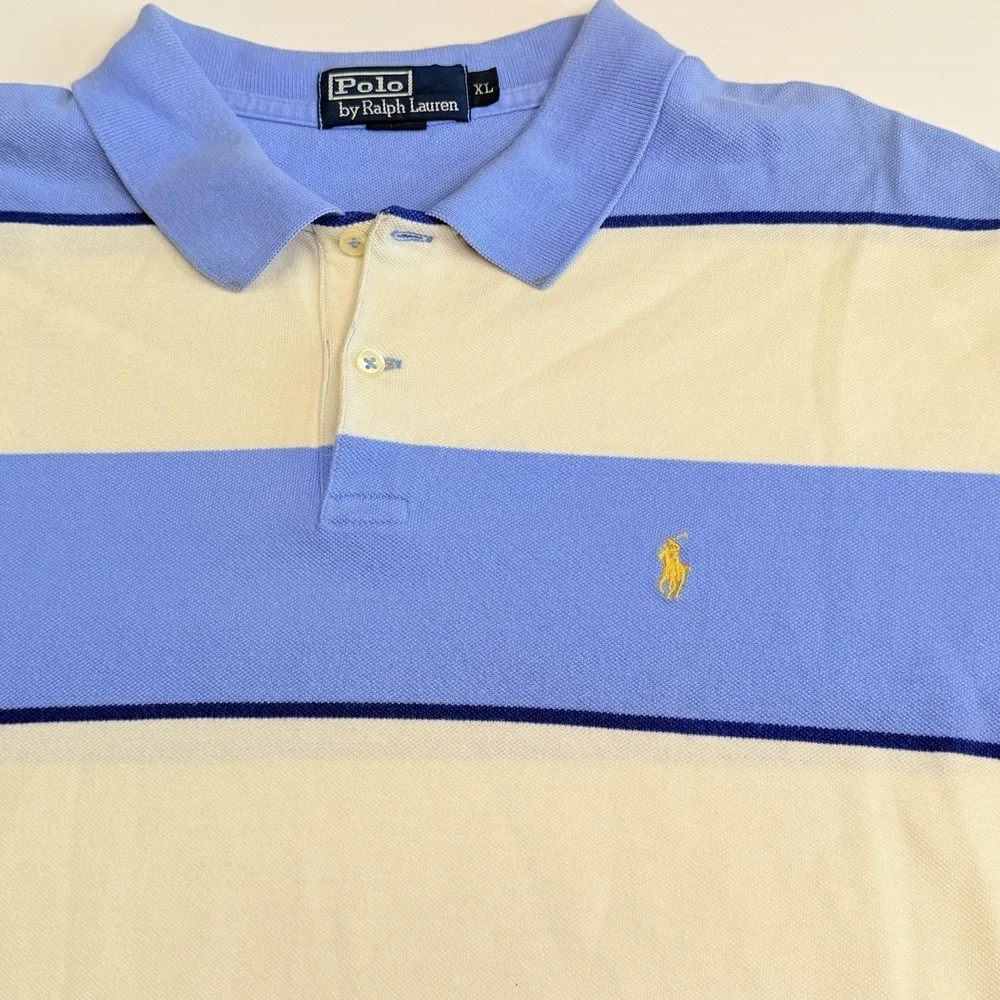 Polo Ralph Lauren Men's XL Blue White Striped Pony Polo Shirt Cotton Rugby